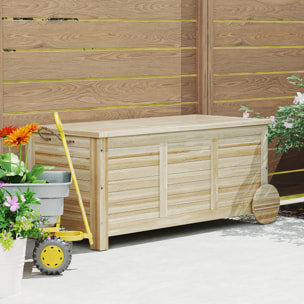 Baúl de Almacenaje Exterior 185L Arcón de Jardín de Madera Impermeable con Tapa Abrible 2 Ruedas Cuerdas de Lino Bisagras Metálicas y Forro Interno 110x50x50 cm Natural