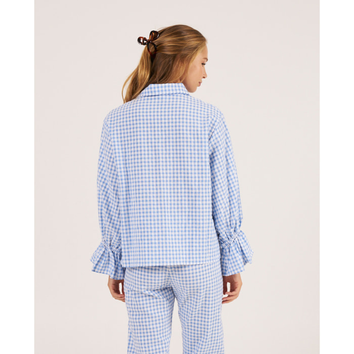 Camiseta de pijama de mujer abotonada de cuadros vichy