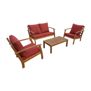 Salon de jardin en bois 4 places - Ushuaïa - Coussins terracotta. canapé. fauteuils et table basse en acacia. design