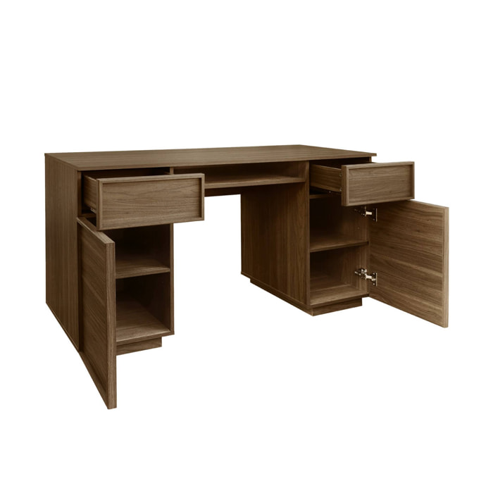 Bureau effet bois noyer 2 portes 2 tiroirs 1 niche 140cm - L 140 x P 55 x H 77cm - Kuba