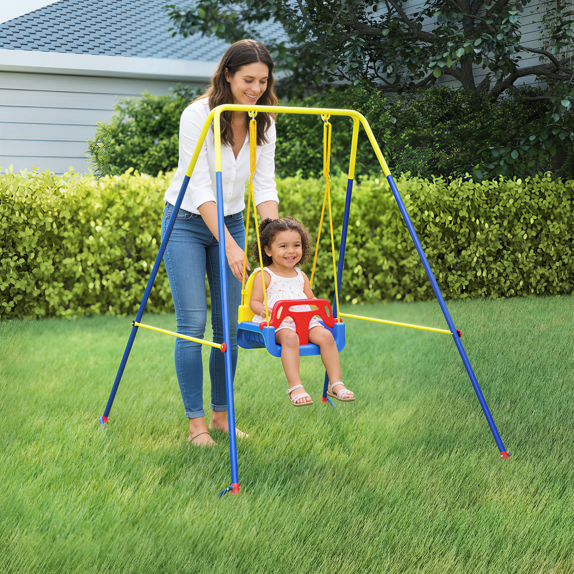 Balançoire évolutive 3 phases acier jaune bleu