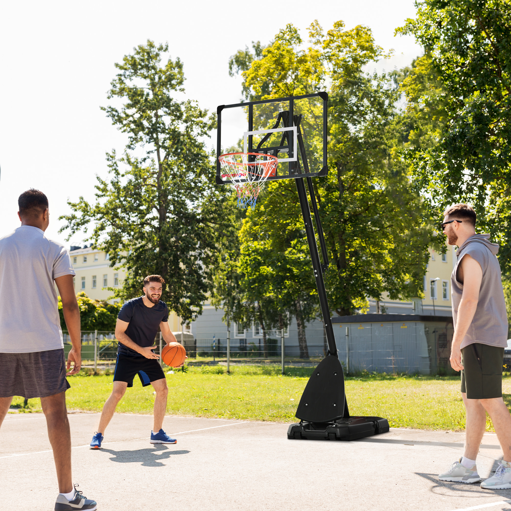 Panier de basket-ball sur pied avec base de lestage sur roulettes hauteur réglable 2,93-3,5 m acier PC noir