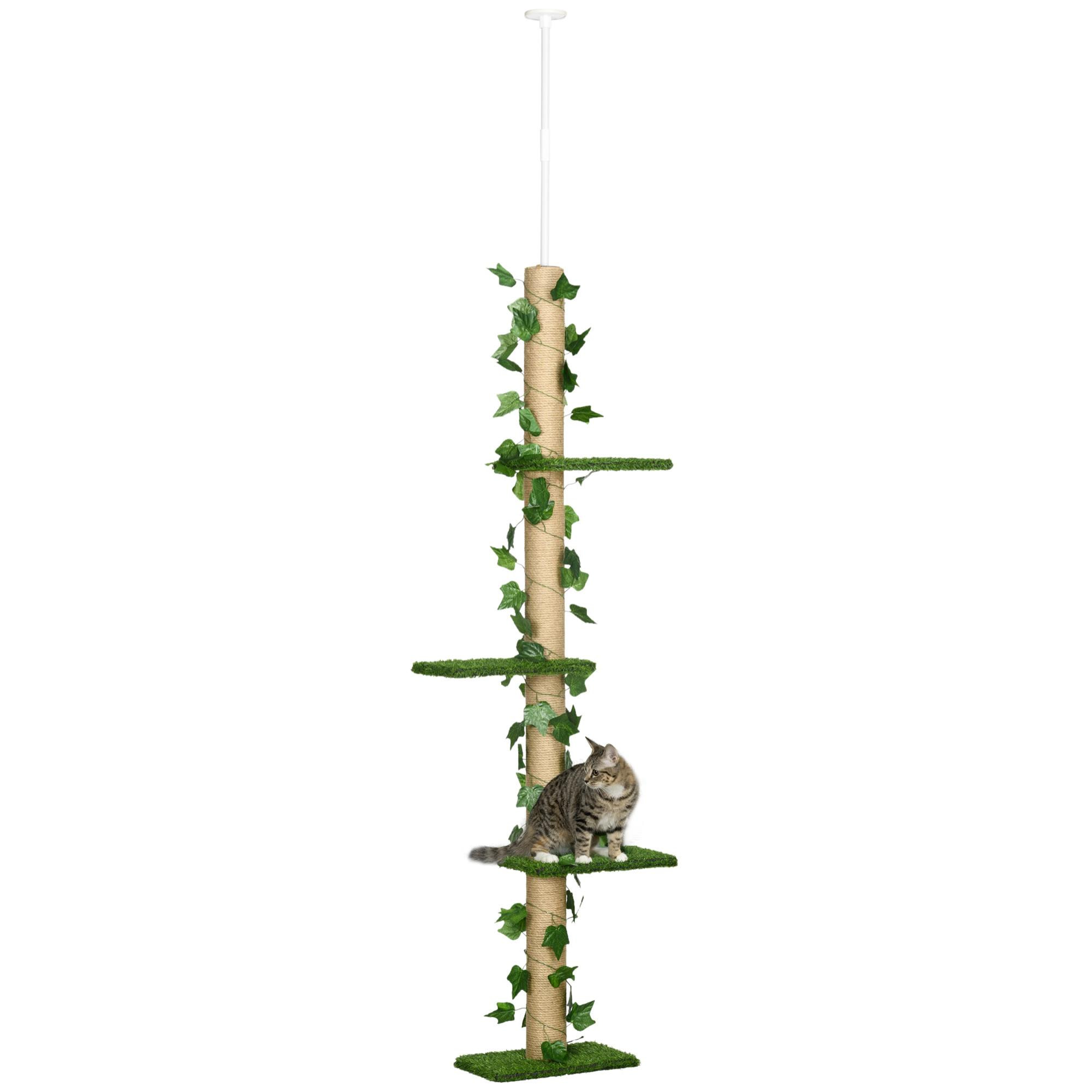 Árbol para Gatos del Suelo al Techo 37x21x202-242 cm Torre para Gatos con Altura Ajustable 4 Plataformas de Césped Artificial Hojas Artificiales y Poste de Yute Verde