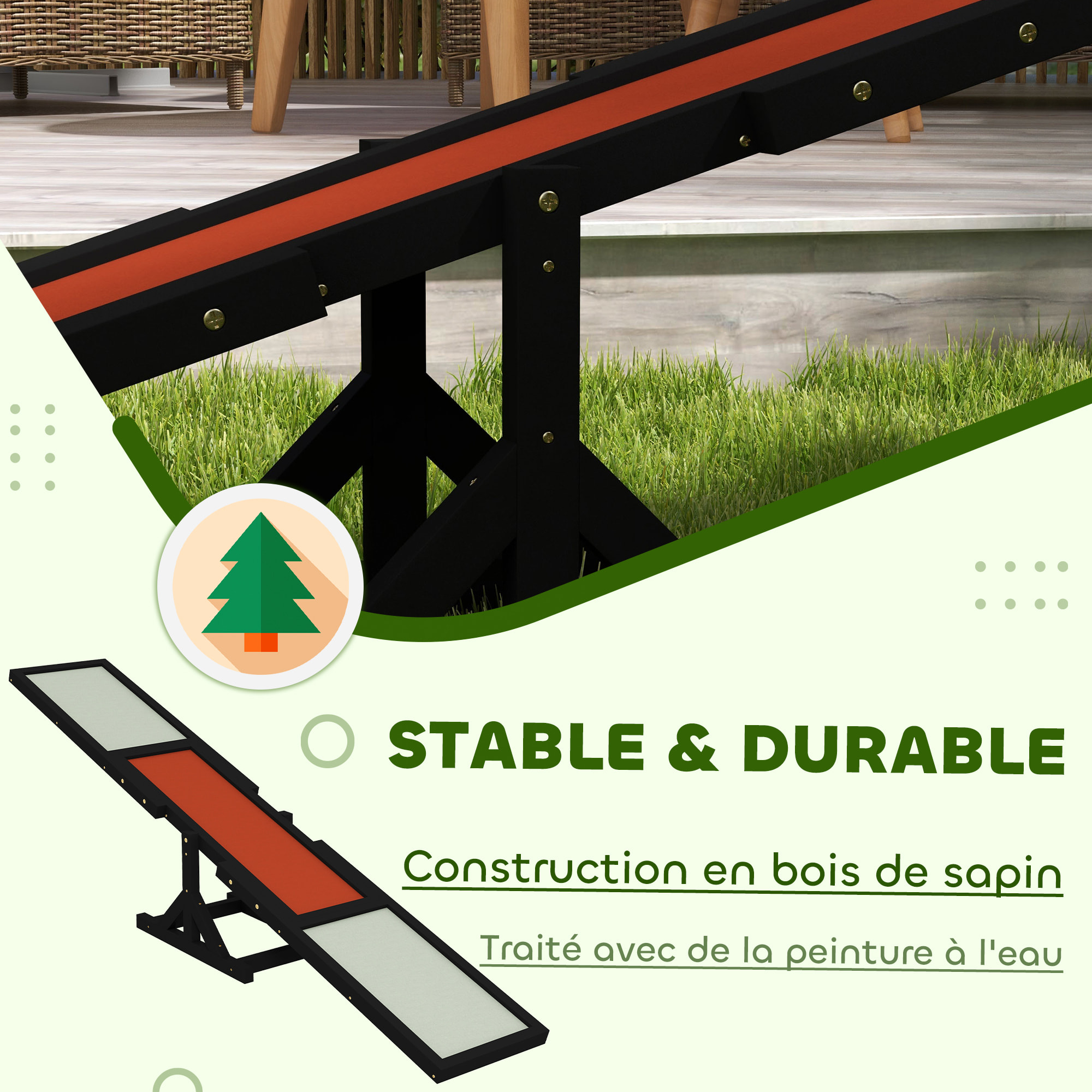 Agility sport pour chien bascule - bascule pour chien - équipement entrainement chien - bois sapin pré-huilé feutre bitumé antidérapant noir blanc