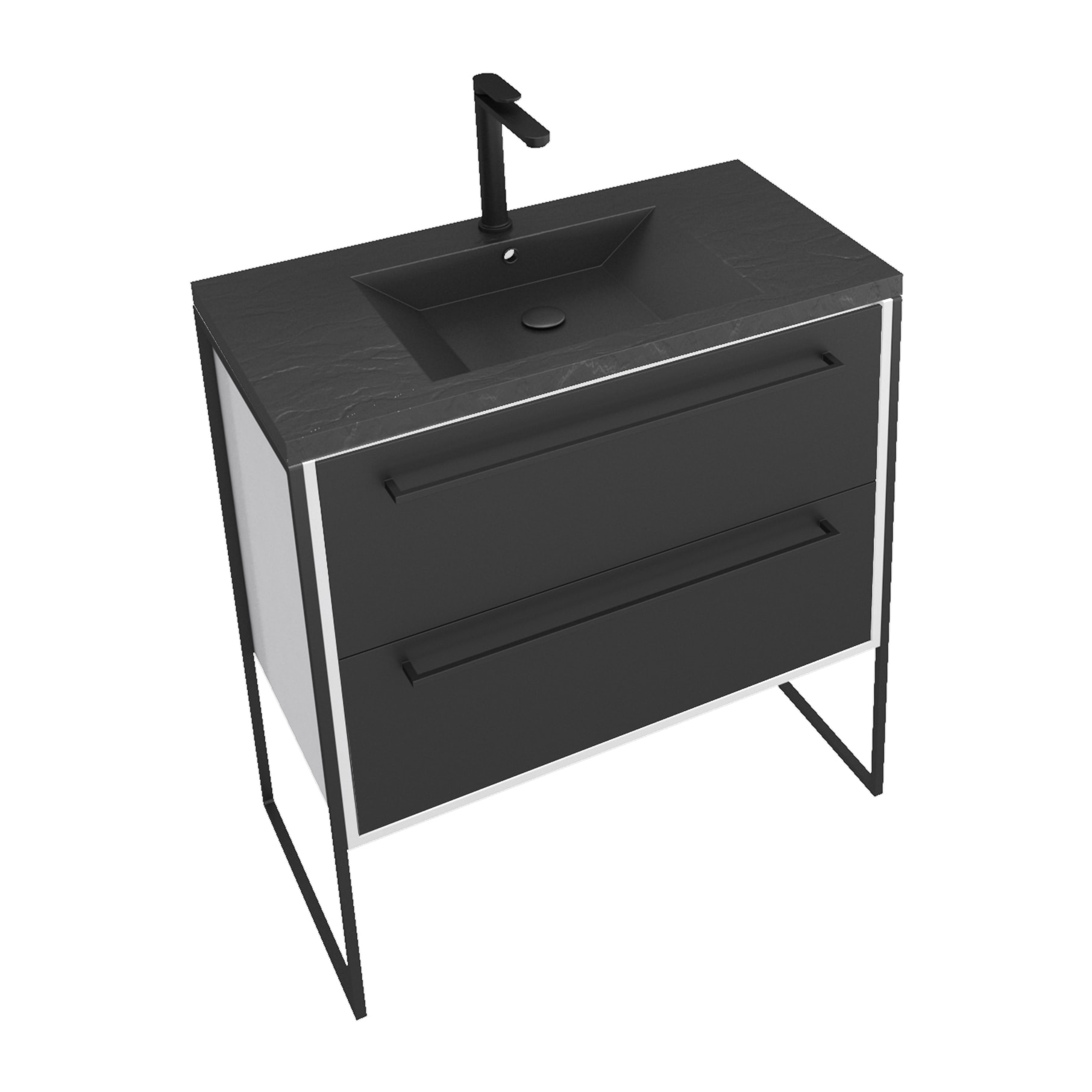 Meuble de salle de bain 80x50cm Blanc - 2 tiroirs noir mat - vasque resine noire effet pierre