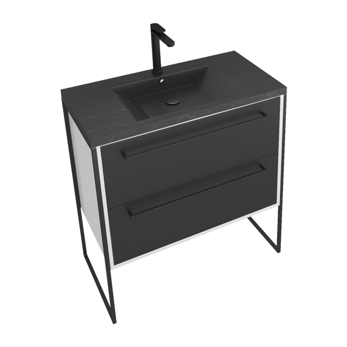 Meuble de salle de bain 80x50cm Blanc - 2 tiroirs noir mat - vasque resine noire effet pierre