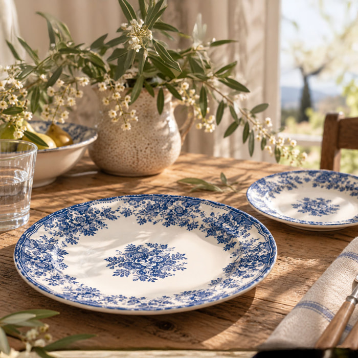 Service de table 36 pièces en grès blanc et bleu FAUSTINE