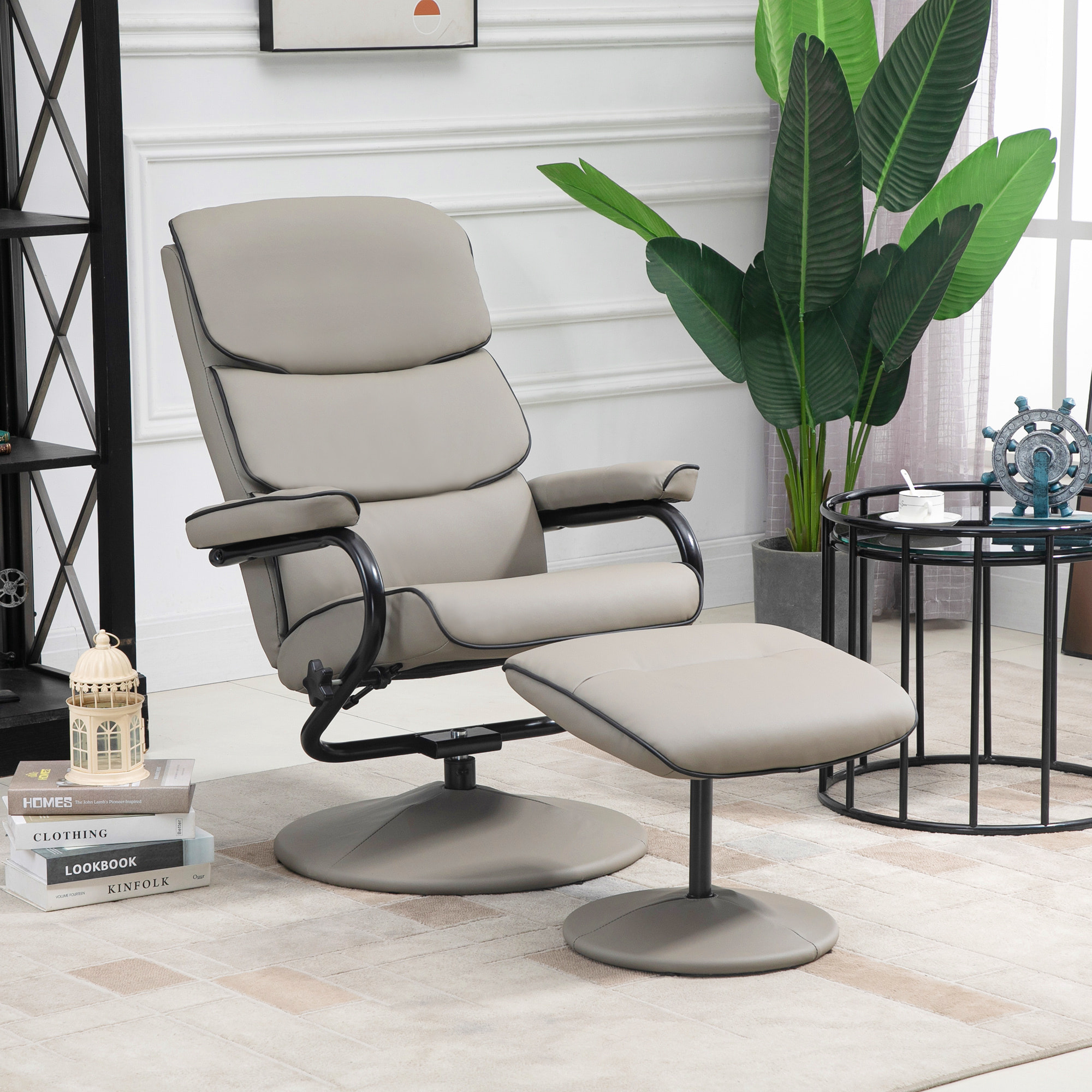 Fauteuil relax inclinable pivotant avec repose-pieds liserets noir synthétique gris