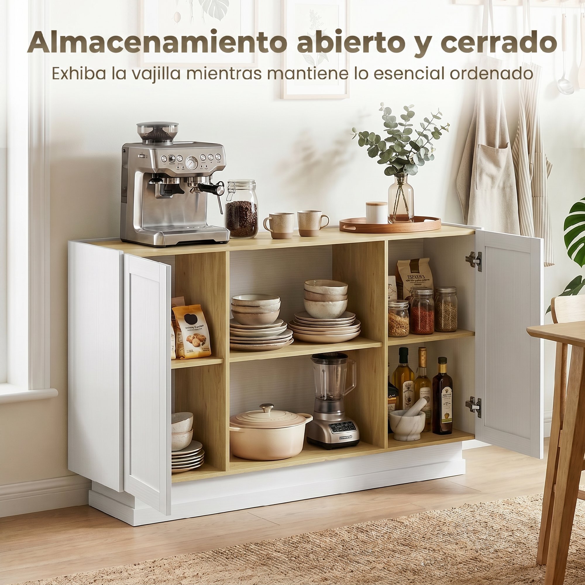 Aparador, Armario de Cocina Moderno con 2 Estantes Abiertos y 2 Puertas de Cierre Suave, Mueble de TV para 60 Pulgadas, Aparador para Salón, Comedor, 133x35x79,7 cm, Madera Natural y Blanco