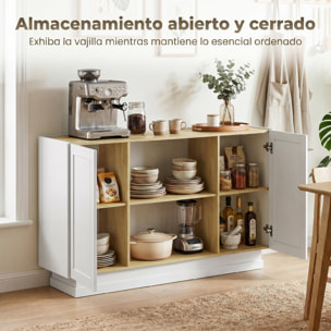 Aparador, Armario de Cocina Moderno con 2 Estantes Abiertos y 2 Puertas de Cierre Suave, Mueble de TV para 60 Pulgadas, Aparador para Salón, Comedor, 133x35x79,7 cm, Madera Natural y Blanco