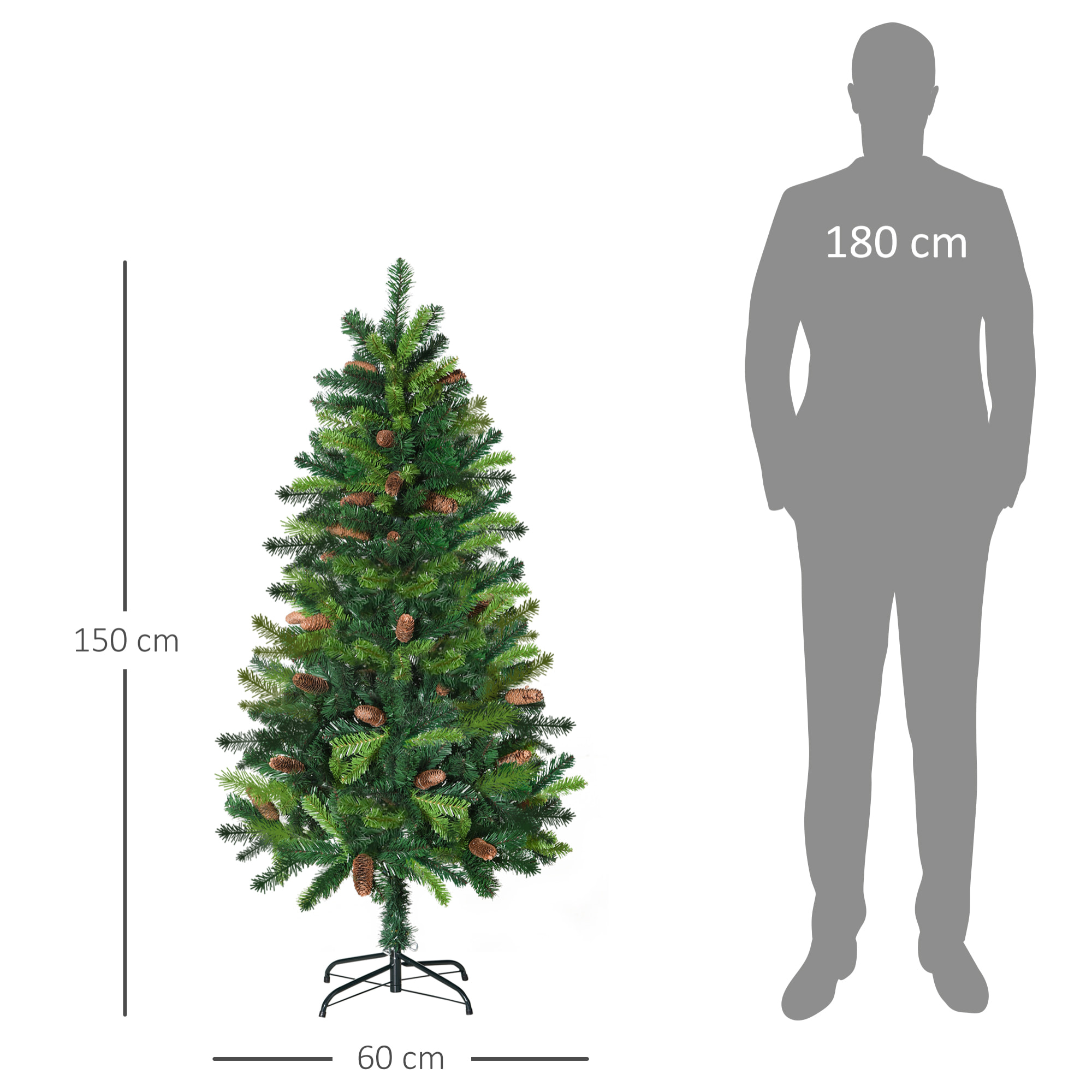 Sapin de Noël artificiel aspect réaliste Ø 60 x 150H cm 24 pommes de pin 360 branches imitation Nordmann