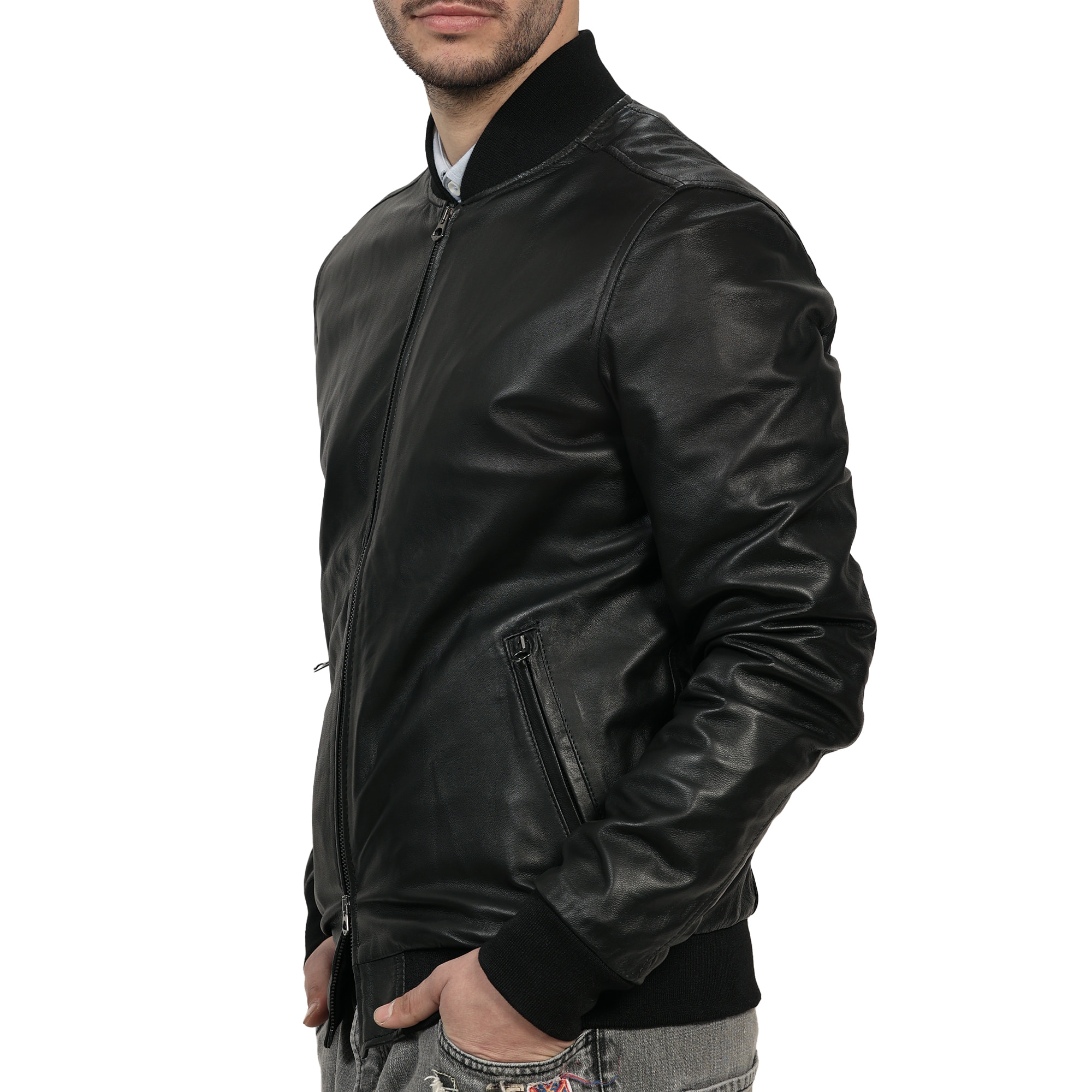 Giubbino in vera pelle di vitello Nero-Slim Fit