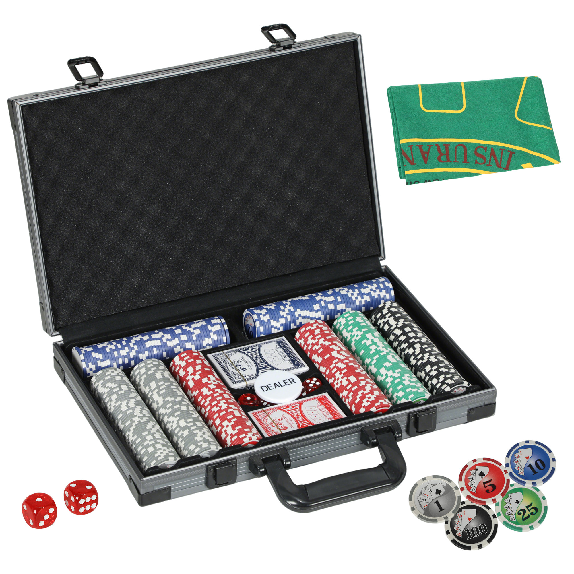 Mallette pro de poker 400 jetons 2 jeux cartes 5 dés bouton tapis alu