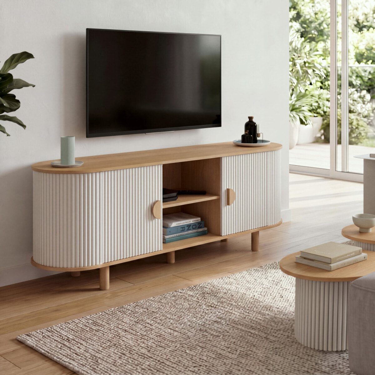 Meuble TV Kanel beige effet cannelé 140cm