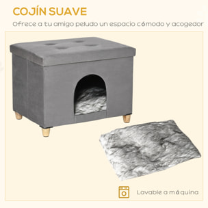 Cueva para Gatos 2 en 1 Taburete Reposapiés con Tapa Extraíble Orificio de Entrada Cojín Lavable y Patas Elevadas de Madera para Interior 60x45x44,5 cm Gris