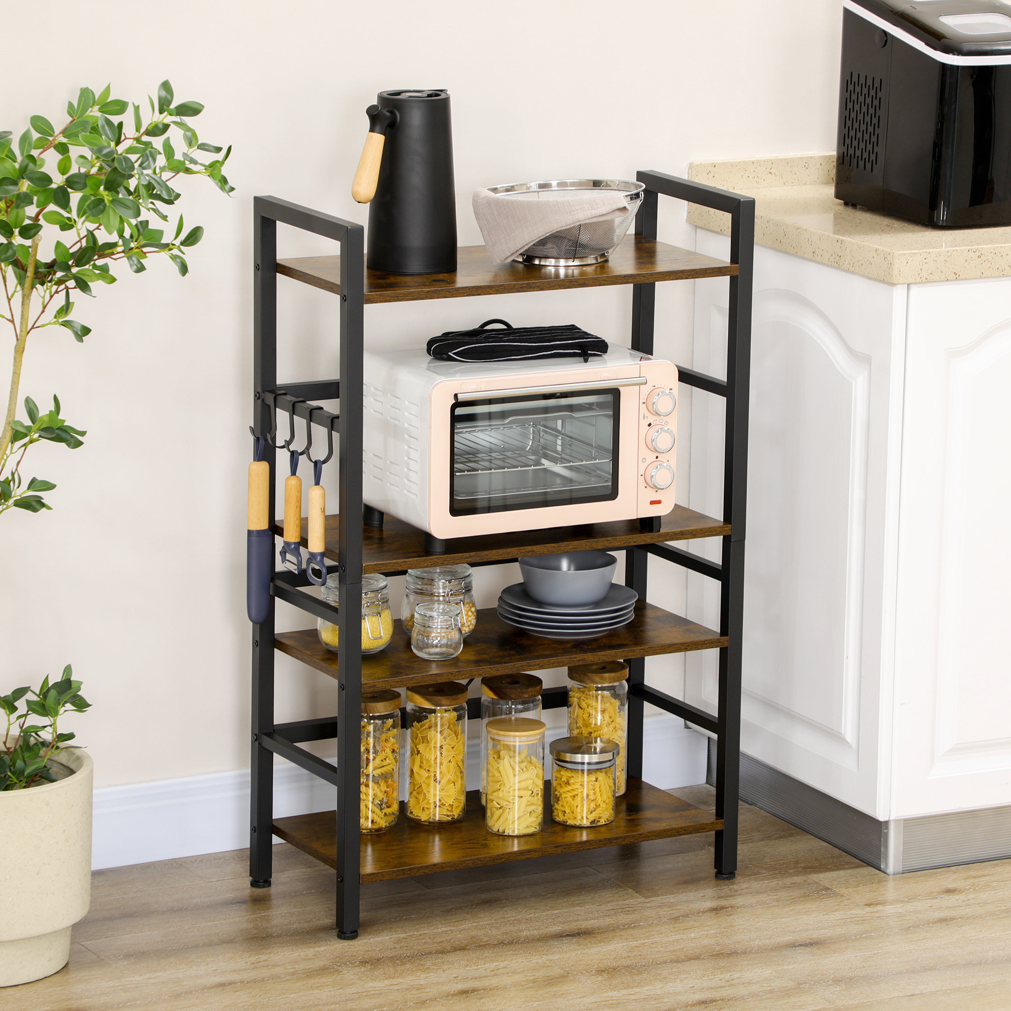 Estantería de Cocina de 4 Niveles Estante de Cocina con 4 Estantes Ganchos y Sistema Antivuelco Estantería para Microondas 65x30x102 cm Marrón Rústico y Negro