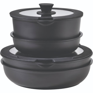 Batería de cocina 10 Pzs Negro / Mango extraíble, 3 Sartenes, 2 Cazos, Tapas y Utensilios/Aluminio fundido