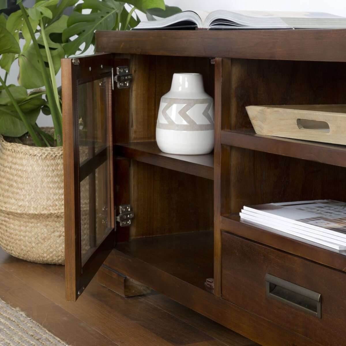 Meuble tv Kenia -bois massif de mindi et placage naturel de mindi-couleur teck 160 x 60 x 40 cm