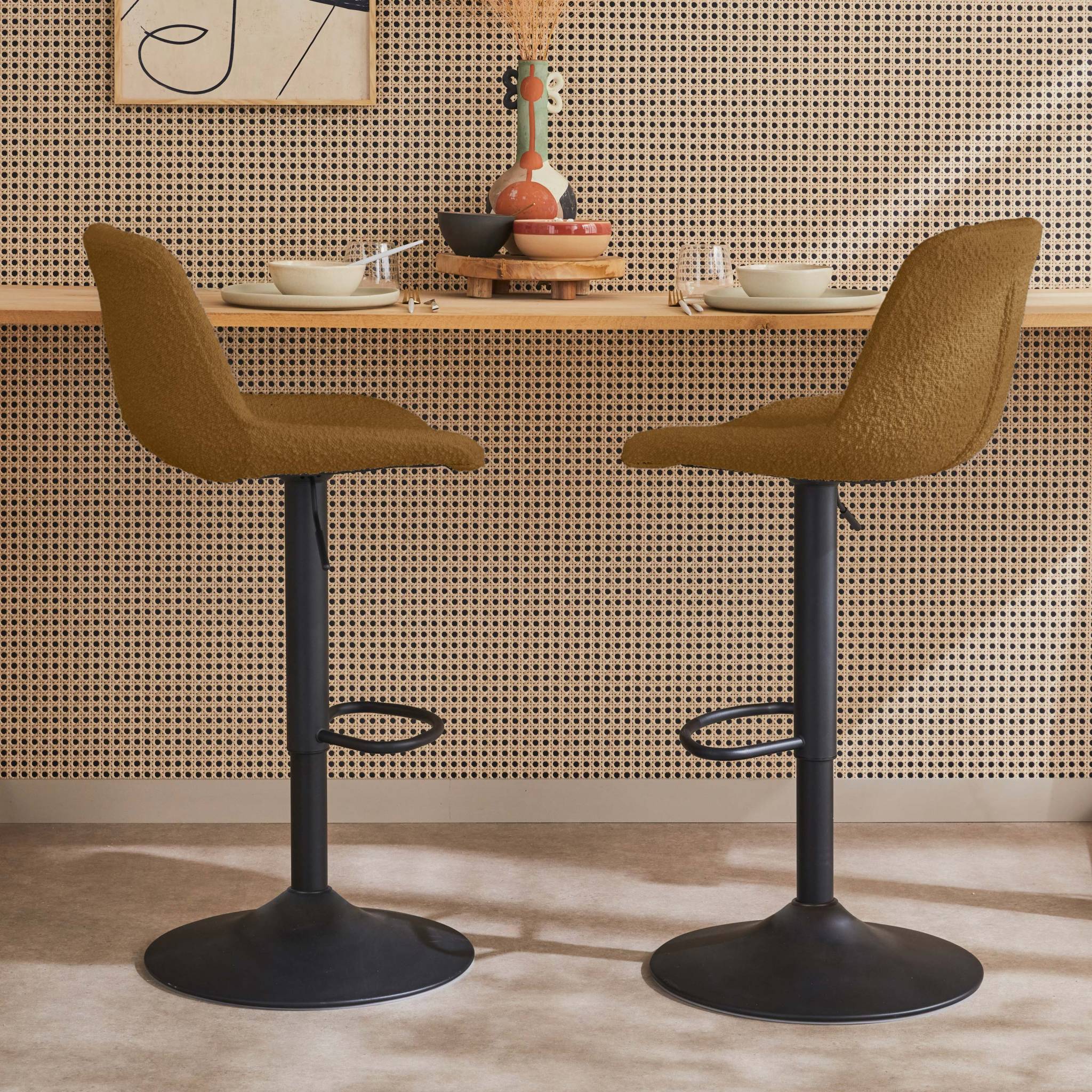 Lot de 2 tabourets de bar réglables - Noah - bouclette texturée moutarde - hauteur réglable 60.5/81.5cm . repose-pieds