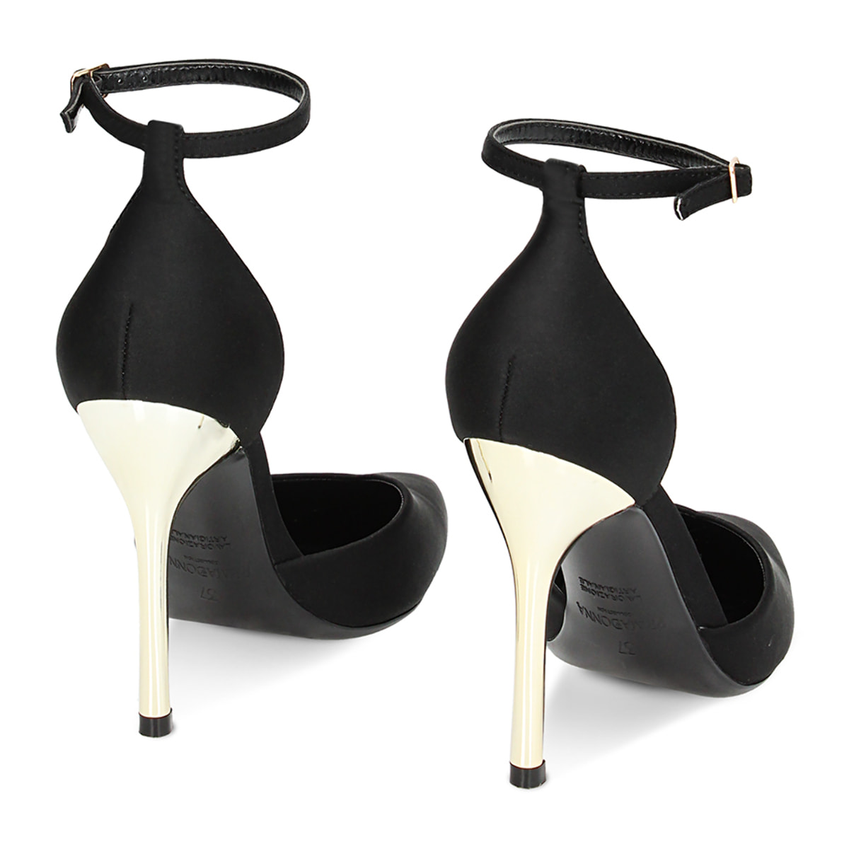 Décolleté Open Shank nere in tessuto, tacco 10,5 cm