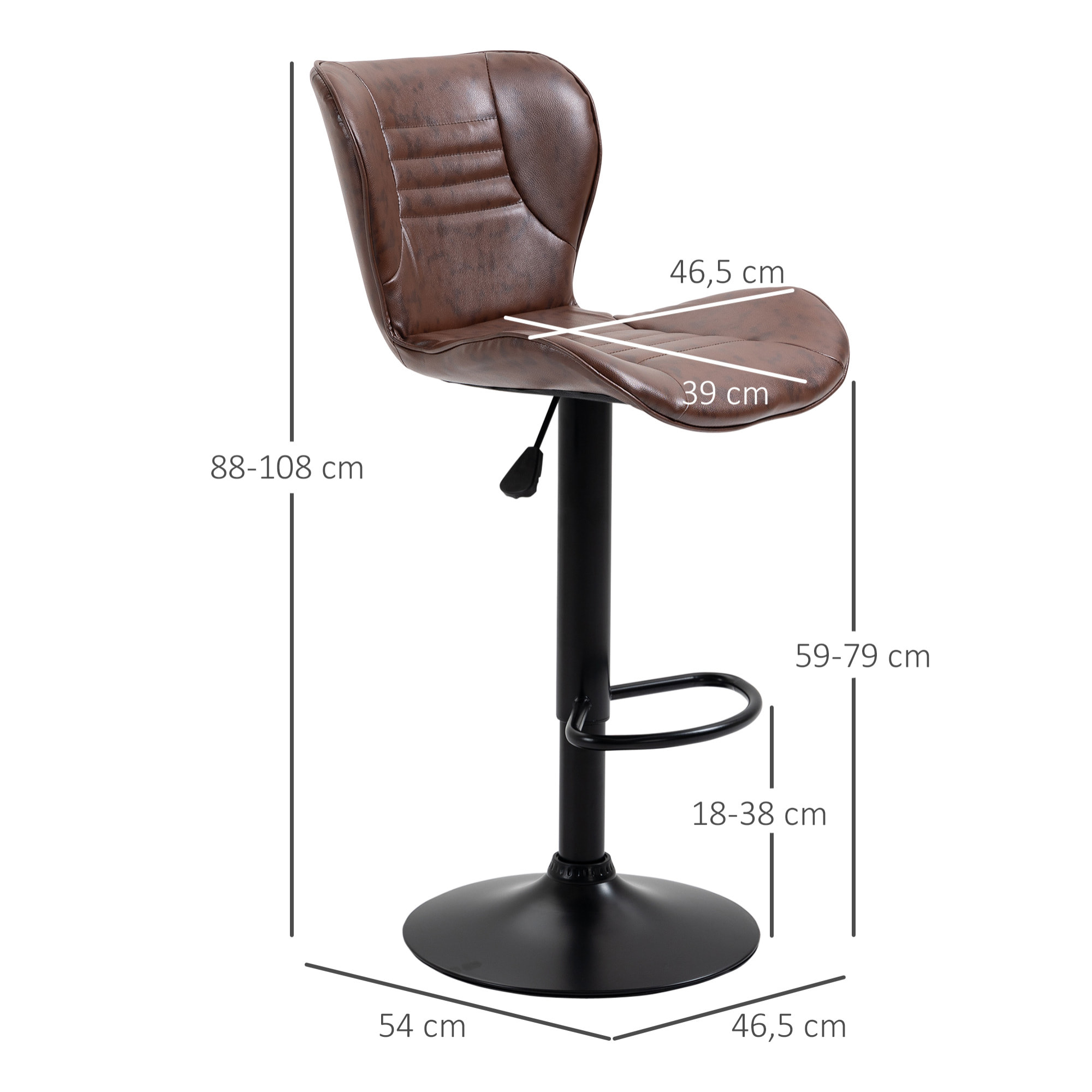 Juego de 2 Taburetes de Bar Tapizado en Cuero Sintético Taburetes Altos de Comedor Regulable en Altura Giratorio con Respaldo y Reposapiés 46,5x54x88-108 cm Marrón