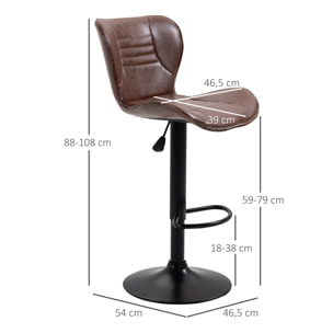 Juego de 2 Taburetes de Bar Tapizado en Cuero Sintético Taburetes Altos de Comedor Regulable en Altura Giratorio con Respaldo y Reposapiés 46,5x54x88-108 cm Marrón