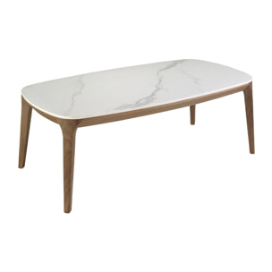 Mesa centro ovalada barril con tapa de mármol porcelánico blanco con vetas en gris brillo y unas patas de madera chapada en nogal natural 119x65x41cm