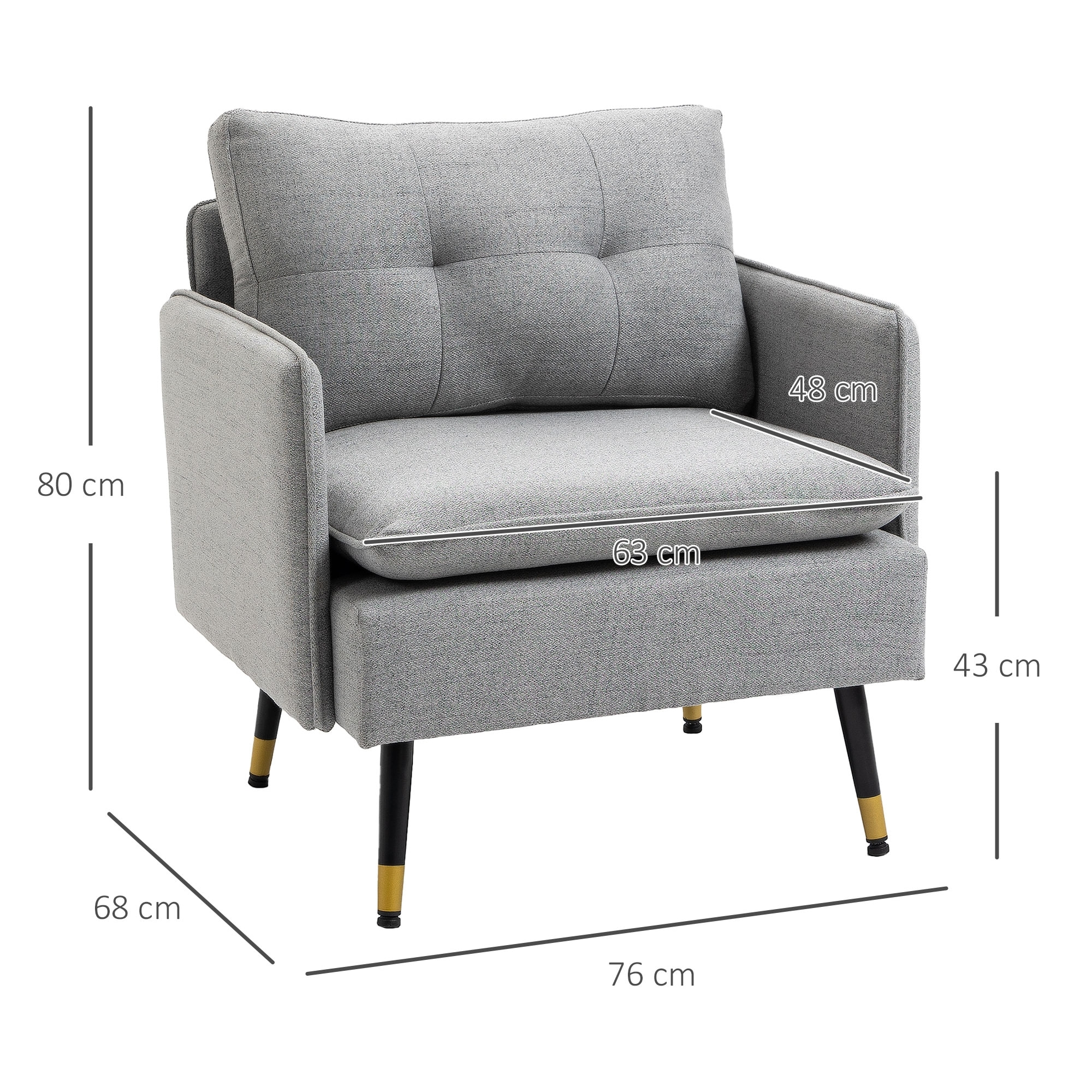 Fauteuil style art-déco dossier effet capitonné piètement incliné effilé métal noir extrémités dorées tissu gris