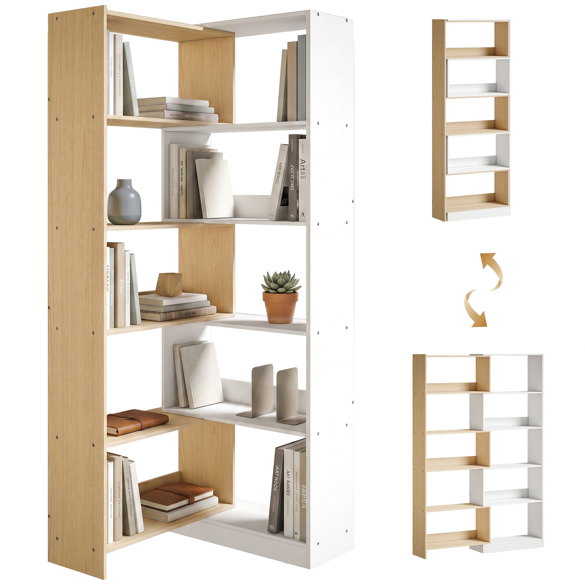 Estantería Expandible 5 Niveles, Librería para Libros Giratoria 350°, Ancho Ajustable, Convertible en en L, Recta o Compacta para Salón, Dormitorio, Estudio 111,5x23,8x163,7 cm Natural y Blanco