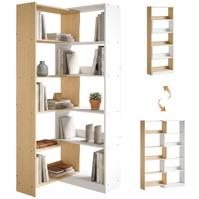 Estantería Expandible 5 Niveles, Librería para Libros Giratoria 350°, Ancho Ajustable, Convertible en en L, Recta o Compacta para Salón, Dormitorio, Estudio 111,5x23,8x163,7 cm Natural y Blanco