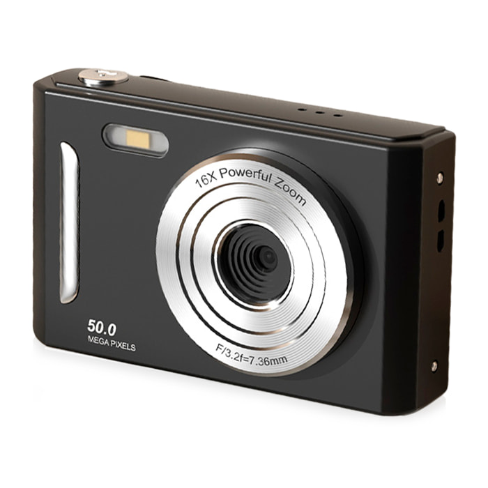 Cámara infantil M26 de fotos y video con flash. 50 mpx y video FHD. Zoom digital 16x, cámara trasera para selfies, juegos incorporados.