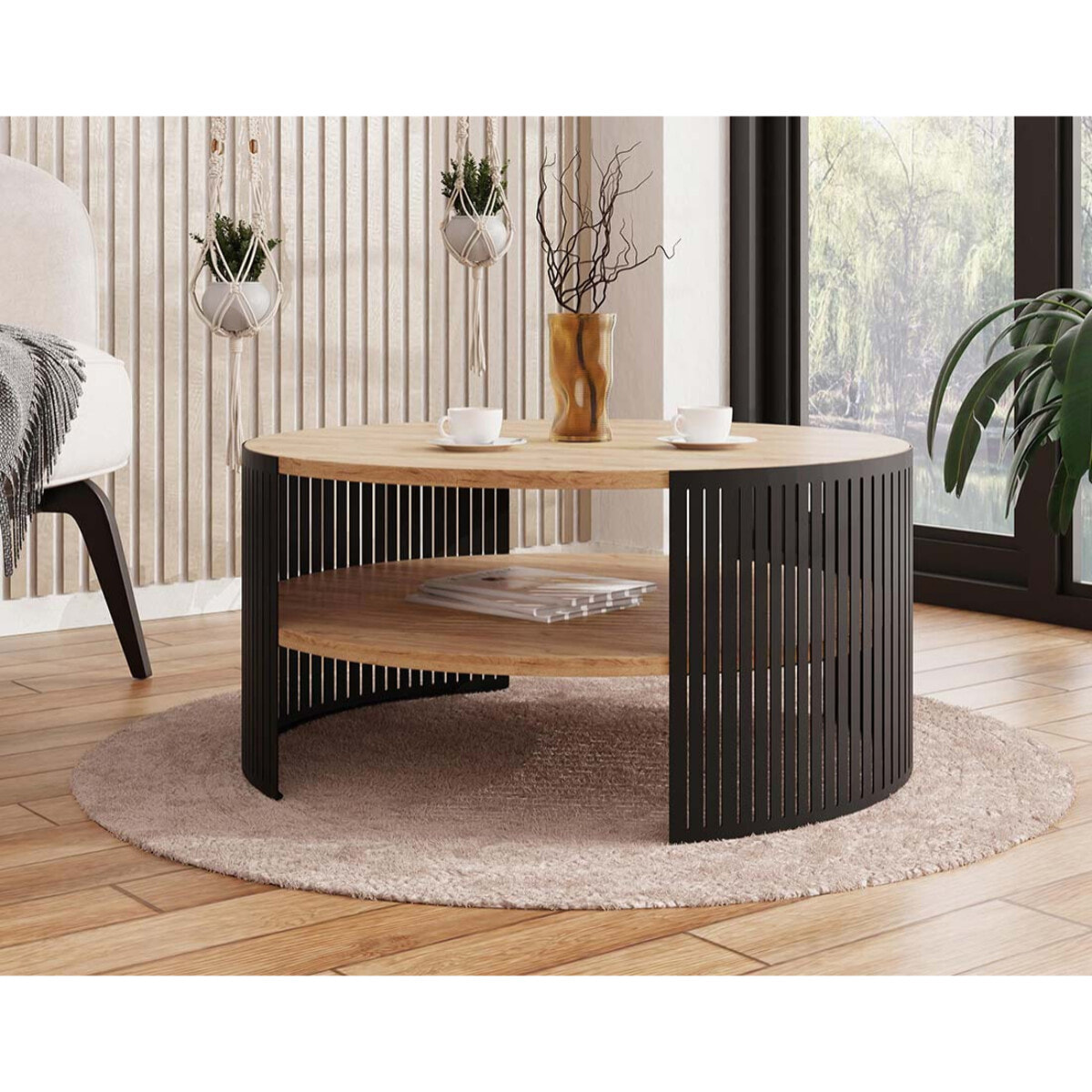 Cruz - table basse ronde - aspect chêne naturel et noir - 1 niche - 75 cm - Noir / Bois