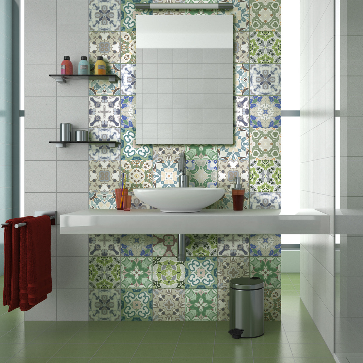 Stickers muraux - Sticker Mural Carrelage adhésif Cuisine Salle de Bain - 60 STICKERS CARREAUX DE CIMENT AZULEJOS ADERITO