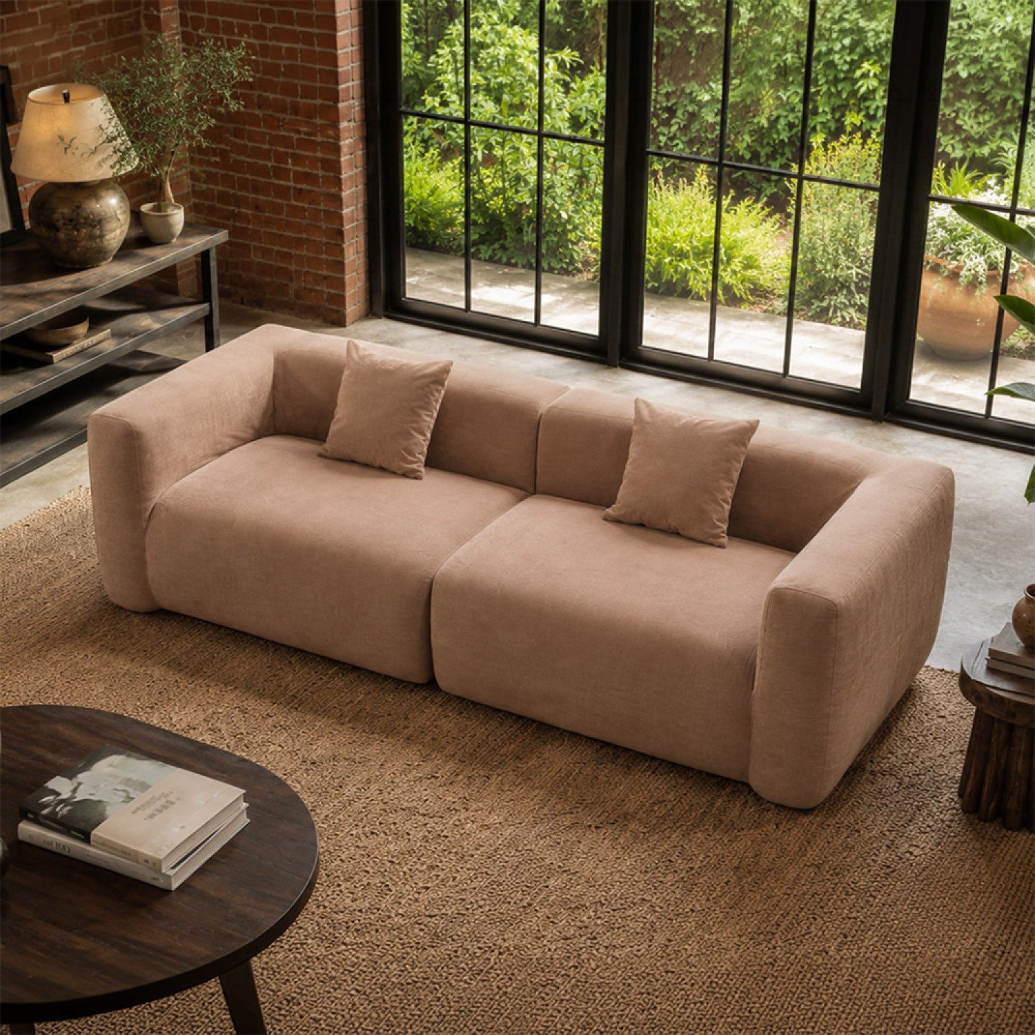 Canapé compressé 4 places en tissu effet laine texturée taupe JUMBO