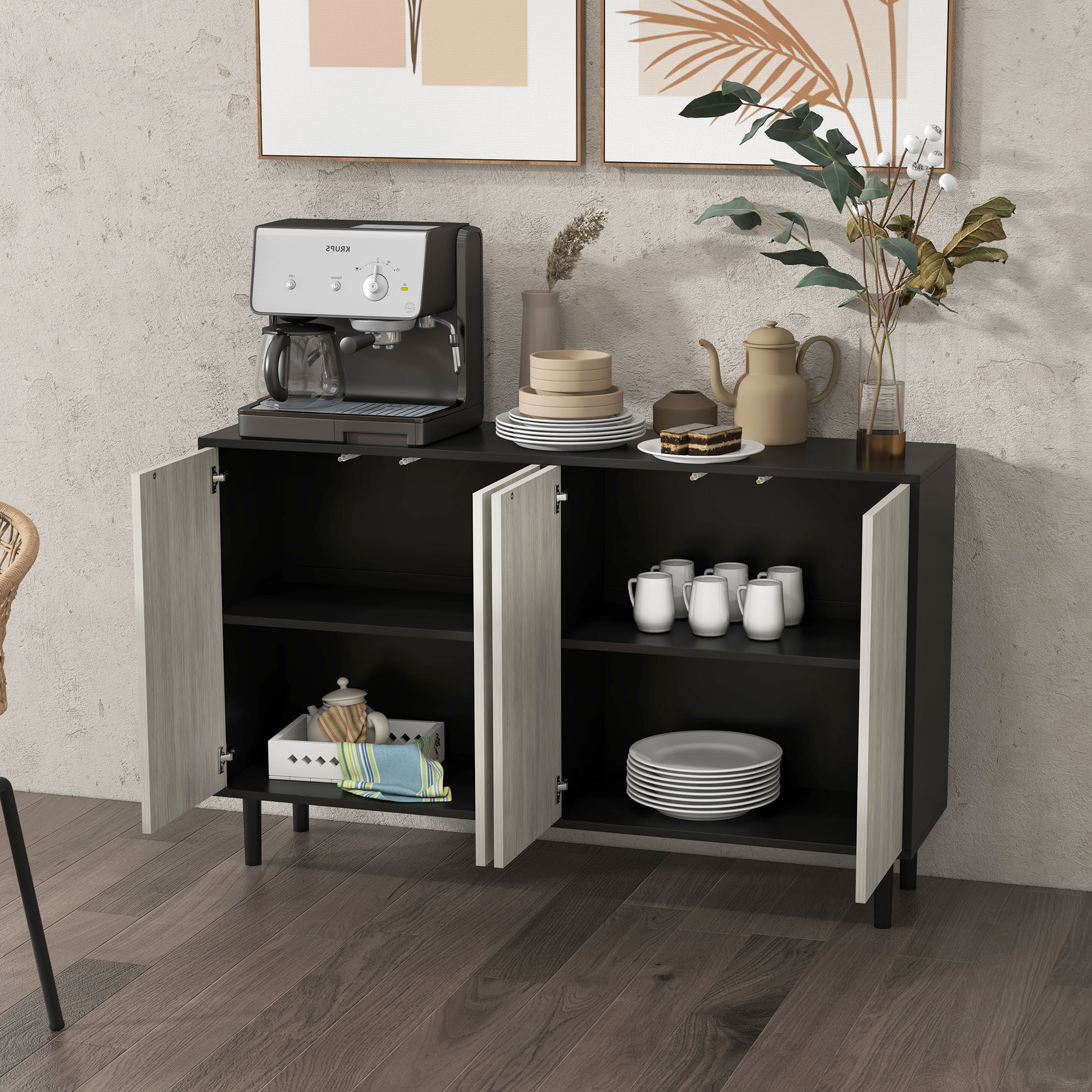 Buffet design contemporain - 4 portes, 2 étagères - dim. 121L x 37l x 75H cm - piètement effilé pin noir aspect bois gris