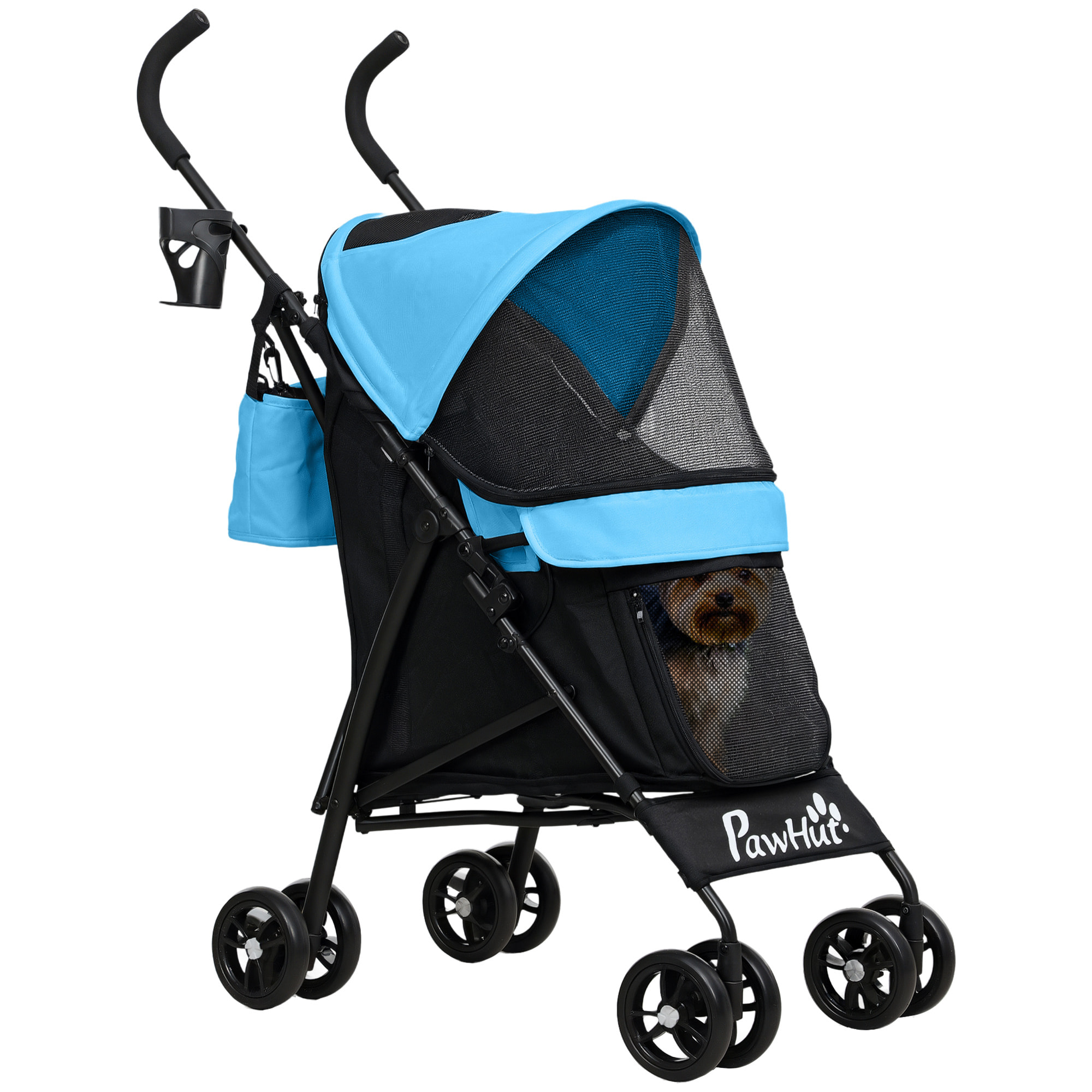 Cochecito para Perros Pequeños con Estructura de Paraguas Carrito para Perros Plegable con Cojín Lavable Portavaso Ventanas de Malla y Bolsa de Almacenamiento Azul