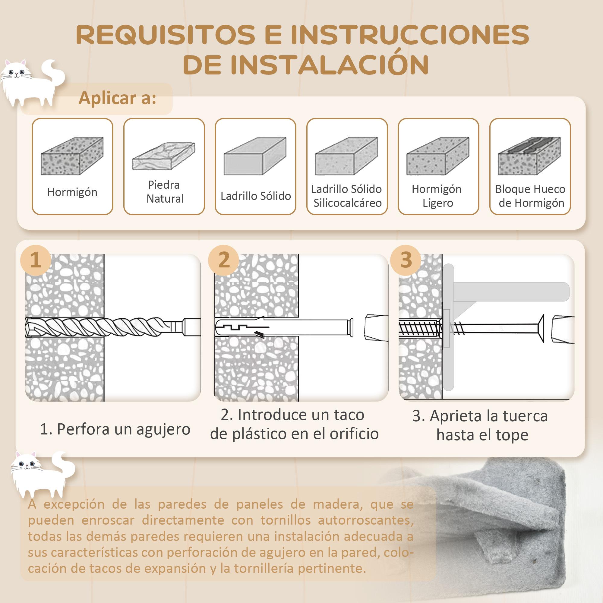 Estante de Escalada para Gatos de Pared Juego de Estantes para Gatos 4 Piezas con Hamaca Nido Rascador Plataformas para Saltar y Poste de Sisal Gris