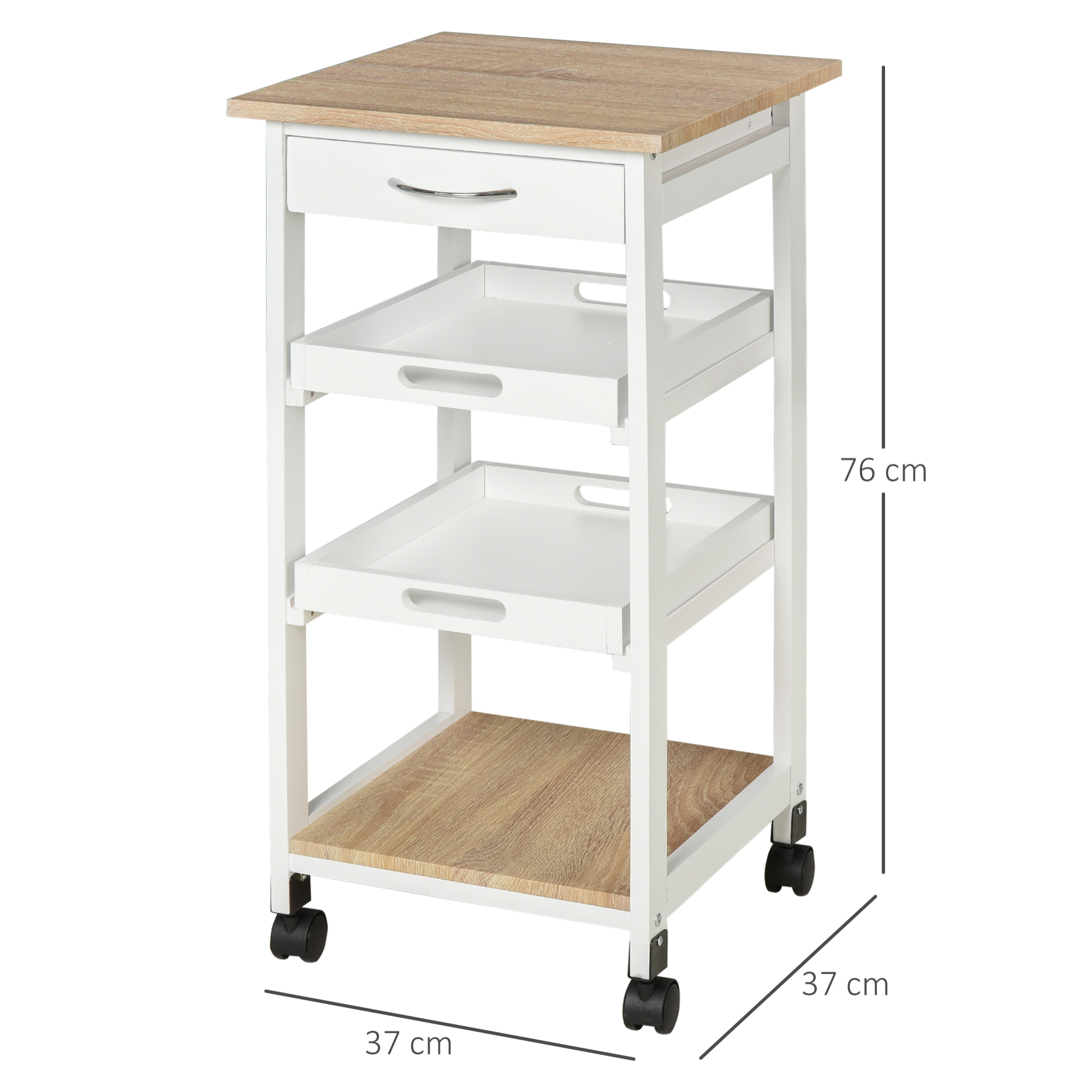 Chariot de service desserte de cuisine à roulettes 2 plateaux amovibles, tiroir, étagère MDF chêne clair bois pin blanc