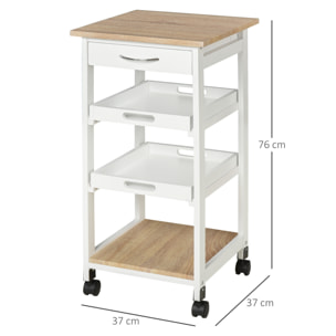 Chariot de service desserte de cuisine à roulettes 2 plateaux amovibles, tiroir, étagère MDF chêne clair bois pin blanc