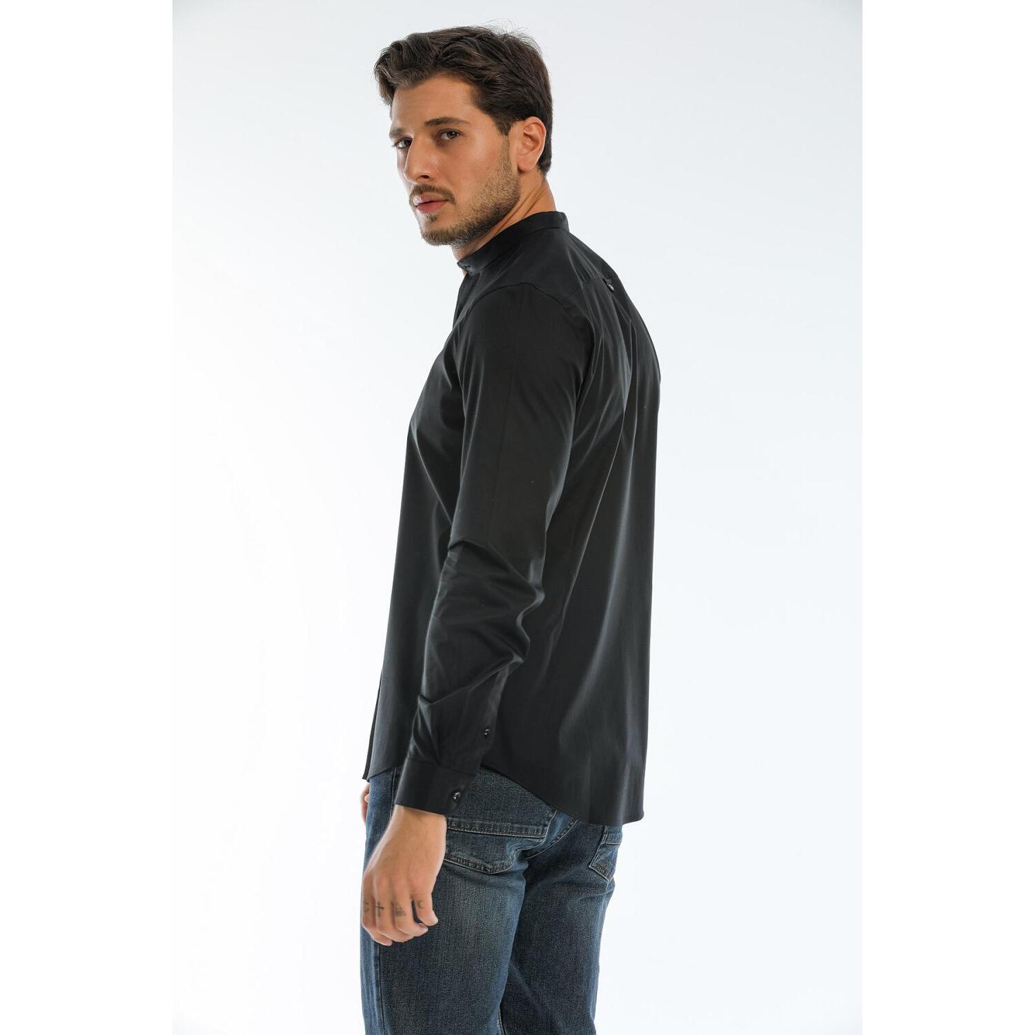 Camicia Uomo Coreano Slim Popeline Stretch Unito Nero