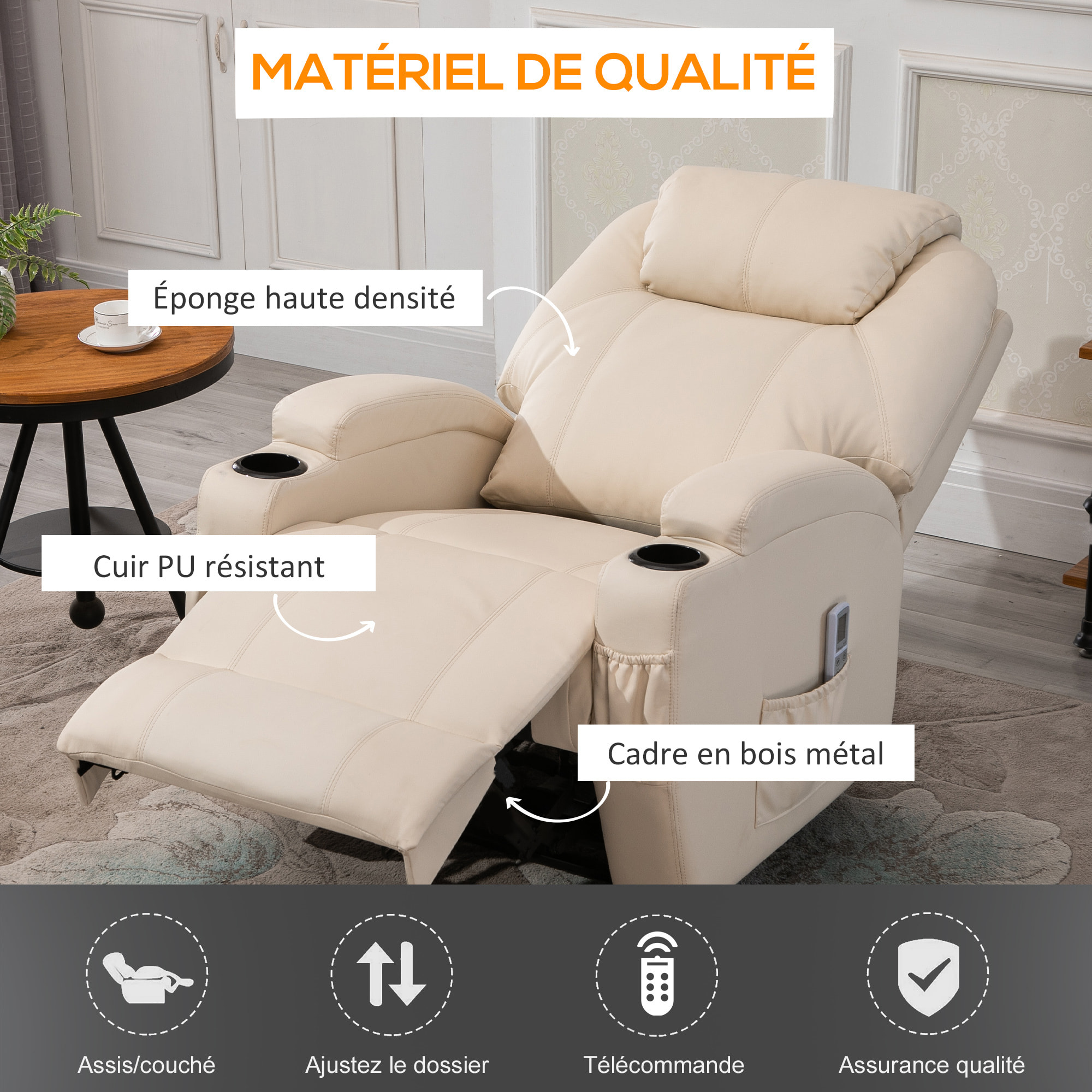 Fauteuil luxe de relaxation et massage inclinaison dossier repose-pied électrique revêtement synthétique crème