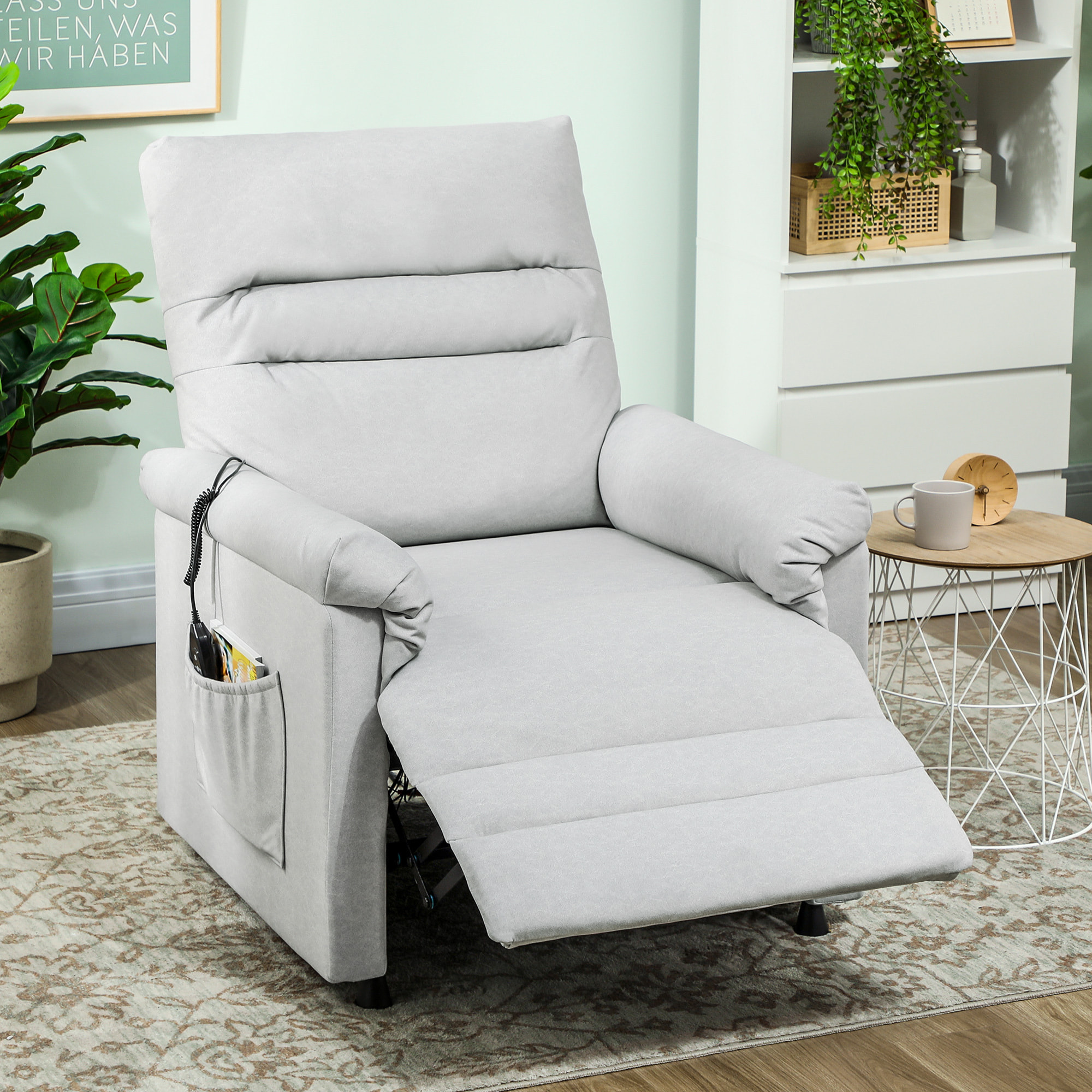 Fauteuil massant chauffant inclinable poches rangement port USB intégré velours gris