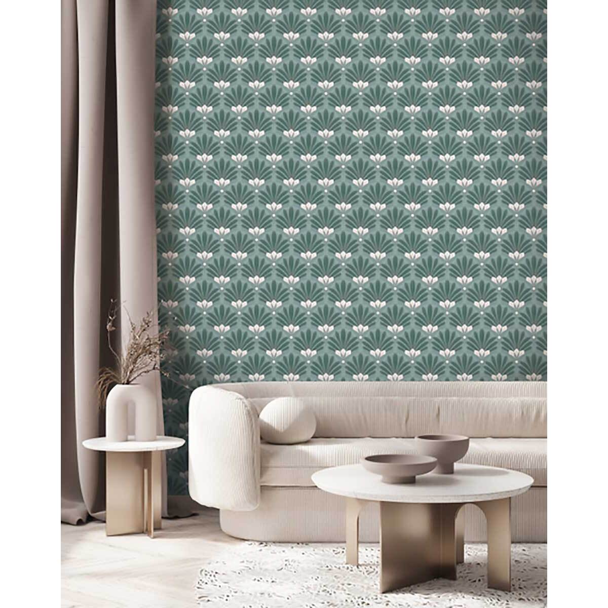 Papier peint éventails Art Nouveau bleu canard