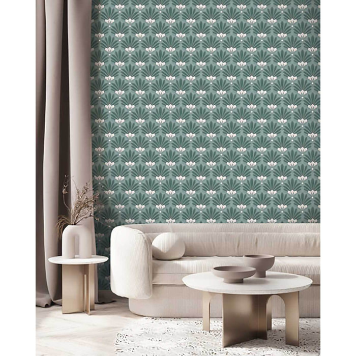 Papier peint éventails Art Nouveau bleu canard