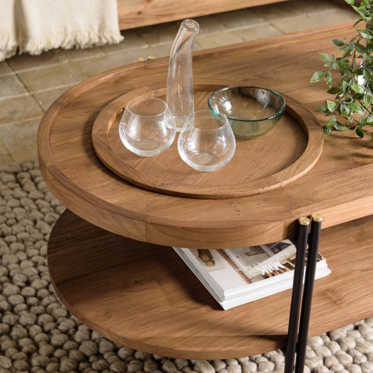 SIXTINE - Table basse bois teck recyclé 2 niveaux plateau amovible
