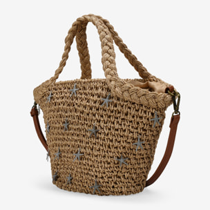 Bolso de mano marrón claro en rafia con estrellas metálicas