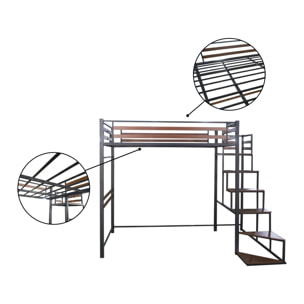 Lit mezzanine en métal avec escalier "LENA" - 140 x 190 cm - Noir et marron noyer