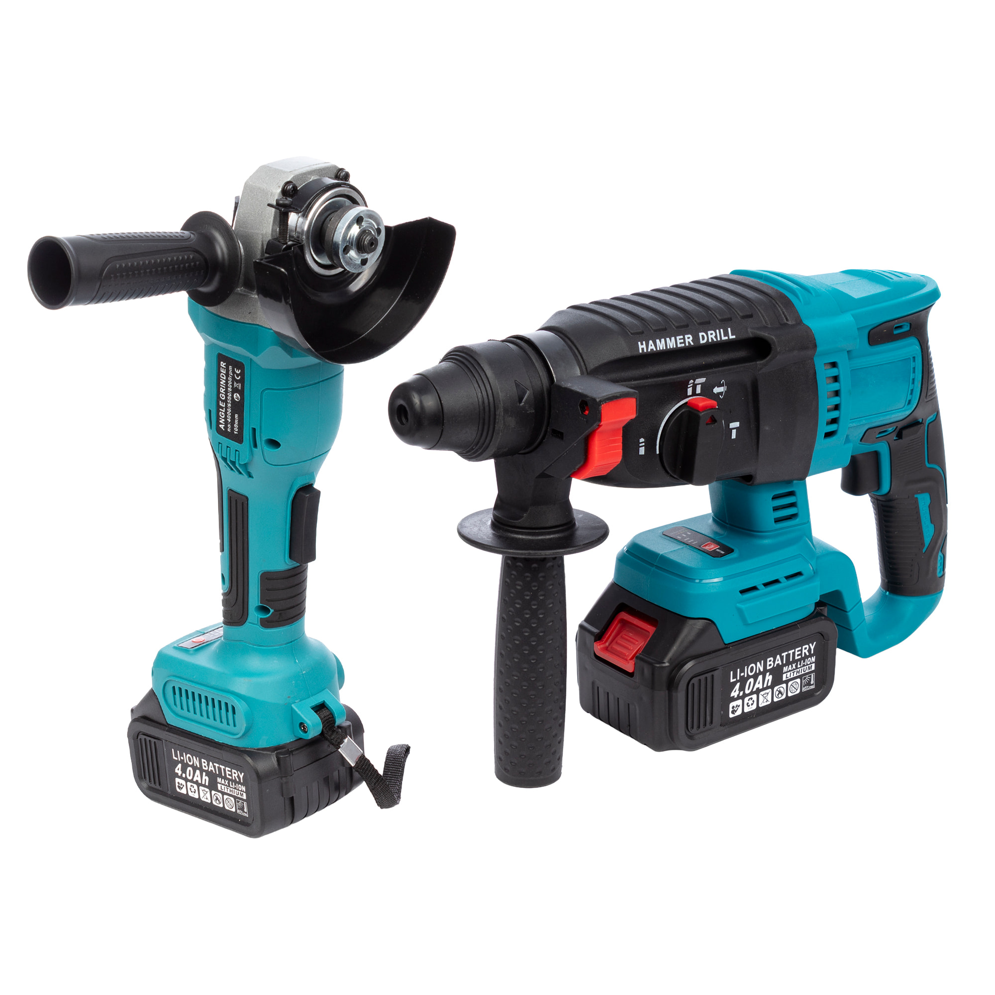 Set di 2 attrezzi elettrici con trapano a percussione e smerigliatrice angolare.