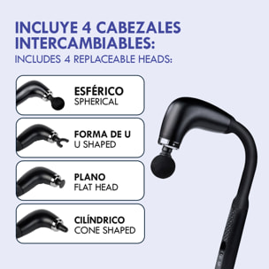 Pistola de masaje en forma de U con 9 modos e intensidades, pantalla LCD y 4 cabezales intercambiables. Con batería recargable y función turbo por presión.