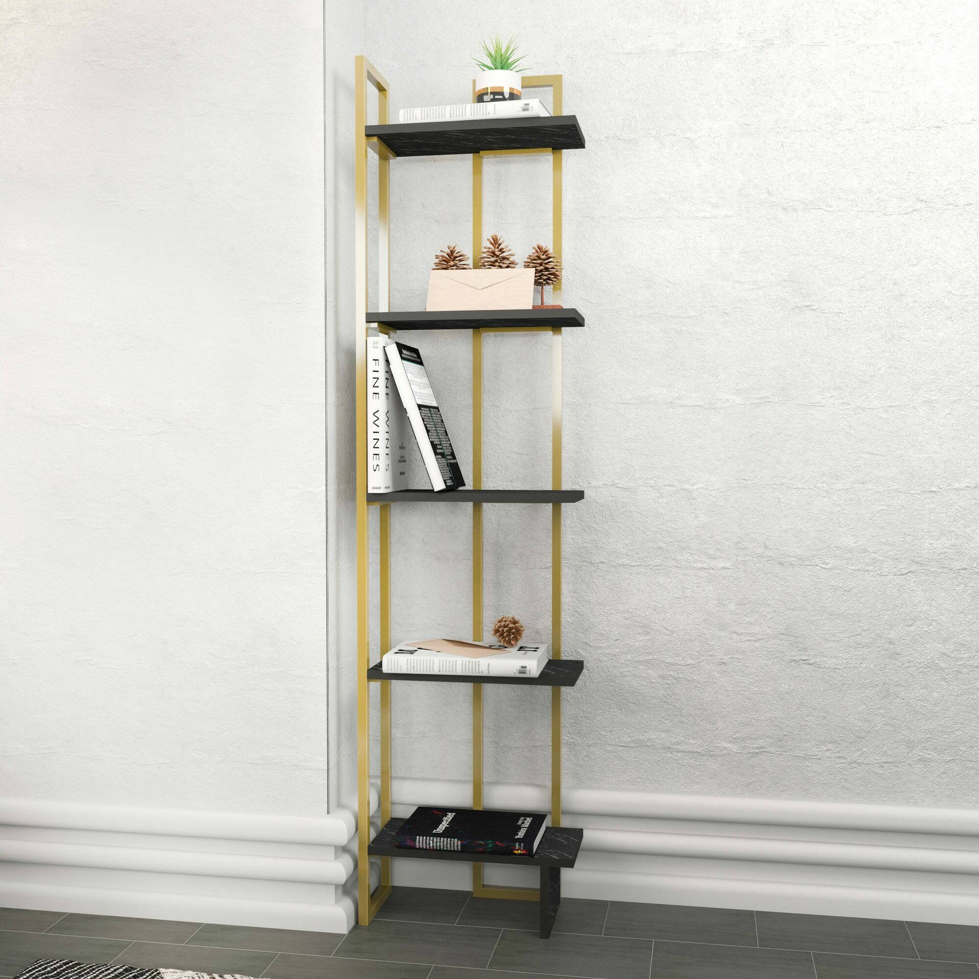 Libreria Dbradari, Scaffale da ufficio, Mobile portalibri, Biblioteca, 45x22h180 cm, Nero e Oro